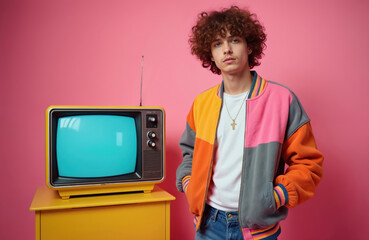 Stylish young man with curly hair next to the old TV on pink studio background. Retro 80s 90s fashion style jacket. Vintage television set on yellow stand. Gold cross on neck. Positive vibes.