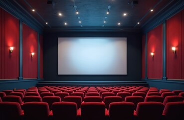 Fototapeta premium Empty cinema with red seats, blank white screen. Auditorium hall interior, mockup template for movie presentation. Concept of film industry, entertainment, recreation. Dark blue walls create