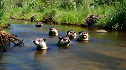 a playful family of otters enjoying a refreshing swim in a clear river surrounded by lush greenery