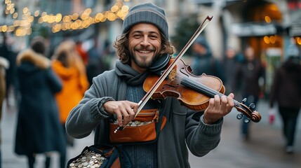 Fototapeta premium Smiling Street Violinist Performing in Busy City with Open Case for Tips