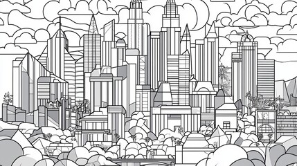 Fototapeta premium The Las Vegas Nevada Skyline Coloring Page features a single line drawing representing the city's skyline, embodying themes of gambling, entertainment, luxury, desert landscape, and vibrant nightlife