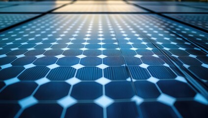 Obraz premium Close-up view of a solar panel array, showcasing the intricate hexagonal cells and blue hues reflecting sunlight