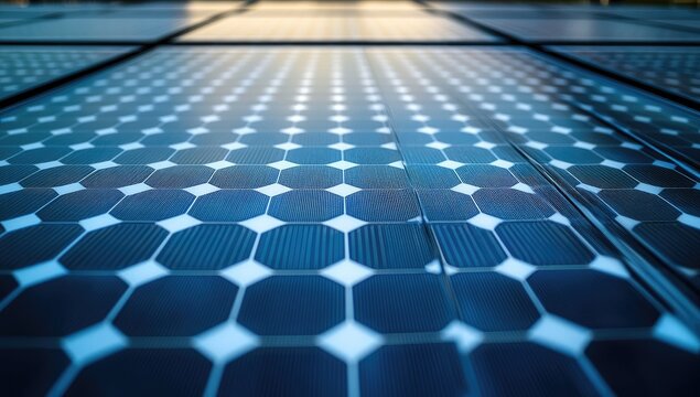 Close-up view of a solar panel array, showcasing the intricate hexagonal cells and blue hues reflecting sunlight