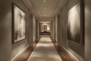 Obraz premium Elegant Hotel Corridor with Modern Artwork and Warm Lighting