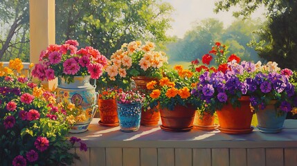 Fototapeta premium Colorful Flowers In Pots On A Porch Railing