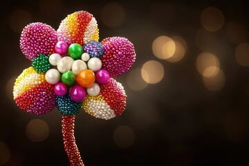 Colorful beaded flower with pearl accents on dark background