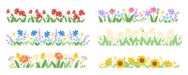 Set of floral borders with colorful wildflowers. Botanical decoration with spring and summer flowers on a green meadow. Flat-style illustration isolated on a white background