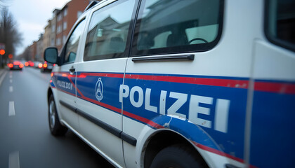 German police car parked on a city street, with buildings and pedestrians reflected in the window.