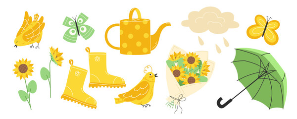 Bright and Colorful Spring Design Elements Featuring Sunflower Flowers and Birds. Cute garden accessories for spring and summer © YuliiaKutsaieva