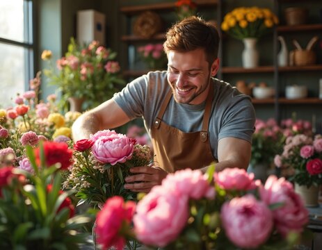 Male florist collects bouquet in flower shop. Man in apron composes flowers arrangement. Small business owner works indoor. Smiling person creates floral decorations. Retail occupation, happy job,