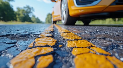 Close-Up of Orange Car on the Open Road - Urban and Rural Road Trip Adventure