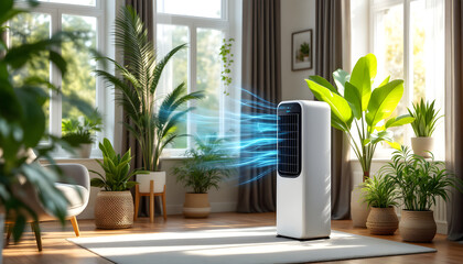 Modern portable air conditioner with cool fresh blue moving stream in living room. Summer cooling system installation. Ventilation system. Energy efficient climate control