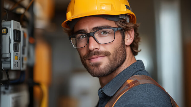 Construction worker wearing yellow safety helmet and glasses examining electrical panel, professional electrician at industrial site concept of workplace safety and expertise