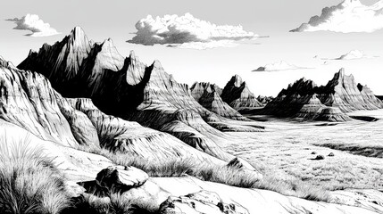 Badlands National Park is depicted in a detailed line art drawing of its dramatic landscape on this coloring page, ideal for coloring and evoking feelings of adventure and nature's beauty