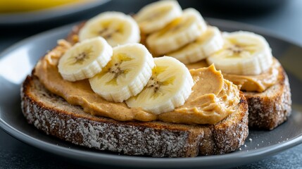 Healthy Breakfast Toast: Peanut Butter Banana Delight with Whole Grain Bread - Nutrition Packed Meal Prep Snack Idea