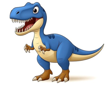 A friendly blue cartoon dinosaur standing with large teeth visible