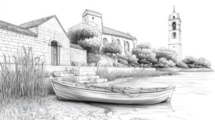 A serene line art coloring page, Camargue Lakeside Cottage, illustrates a charming cottage by a lake, embodying tranquility, nature, and simple living, with concepts of peace and escape