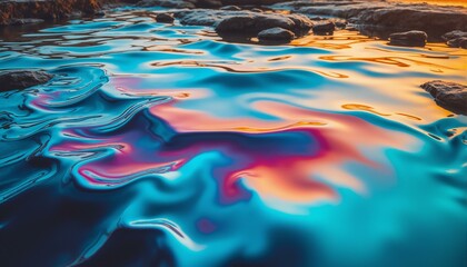 Iridescent liquid gradient textures on weathered wood, aquatic oil slick effect, serene lake setting at sunset, soft feathery brushstrokes, color shift from blue to orange.