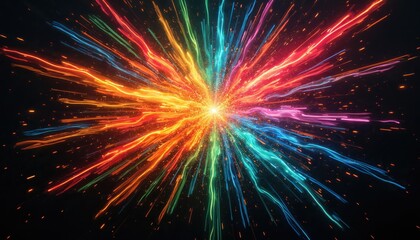 Spectacular colorful burst explosion design with light streaks on night background. Ai generated illustration of festive celebration, anniversary, event, party, New Year fireworks display,