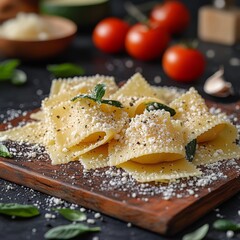 Authentic Italian Pasta Dish on Wooden Board: Fresh Ingredients & Rustic Charm