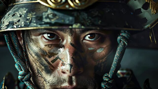 Entschlossener Krieger mit schmutzigem Gesicht in R&uuml;stung