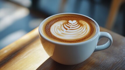 A steaming cup of coffee with intricate latte art on a wooden table perfect for cozy moments a
