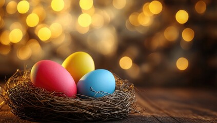 Obraz premium Colorful Easter eggs in a bird's nest on a wooden surface with a bokeh background