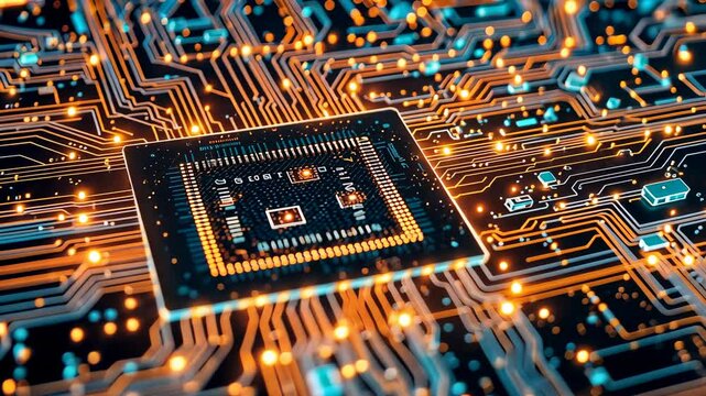 Abstract Glowing Circuit Board with Orange and Blue Lines Detailed Close Up of a Microchip Processor High Tech Computer Technology Background