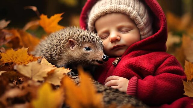 Kleines Kind schl&auml;ft mit Igel im bunten Herbstlaub