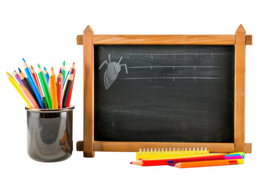 Composition with pencils in a cup and a blackboard with a drawing of an insect on transparent background - Powered by Adobe