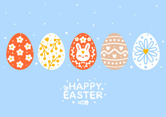 Greeting card with Easter eggs on blue background for Your spring holiday design