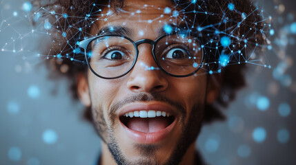 Black man wearing glasses with digital network overlay projection, excited expression. Concept of artificial intelligence, data analytics and future technology