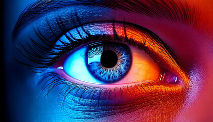 Girl's eye. Futuristic Eye close-up. Neon multicolor. Beautiful female eyes. Eye makeup. Ultra bright. Woman portrait. Amazing looking. Vision. Creative wallpaper. Poster design. Generated AI