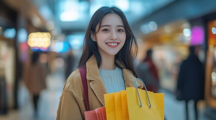 Asian woman carrying shopping bags, smiling with joy, isolated on a pastel blue studio background