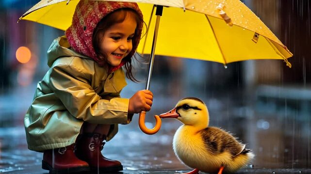 Kleines M&auml;dchen teilt einen Regenschirm mit einem Pinguin