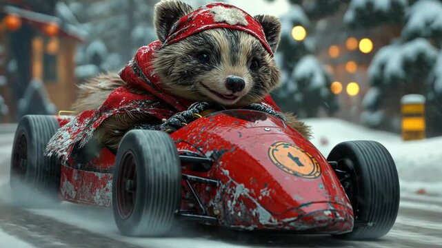 Waschb&auml;r mit Helm f&auml;hrt ein kleines Rennauto