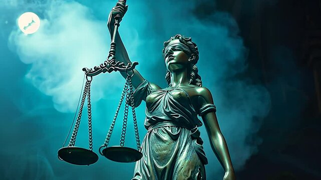 Statue der Justitia in blauem Licht mit Waage