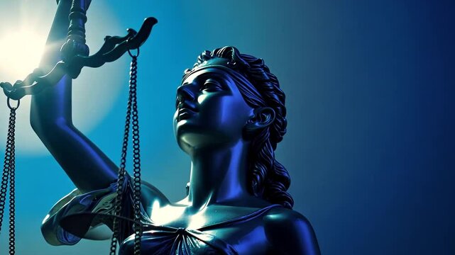 Statue der Justitia mit erhobener Waage &ouml;ffnet ihre verbundenen Augen