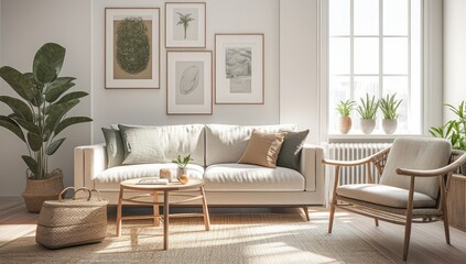 Sunlit living room, beige sofa, plants, gallery wall, interior design