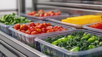 Obraz premium Fresh vegetables and tomatoes neatly arranged in containers, showcasing vibrant colors and healthy food options in a kitchen setting.