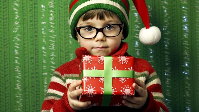 Junge mit Brille h&auml;lt ein Geschenk in beiden H&auml;nden