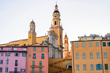 Obraz premium View of St Michel Basilique stairs in old town of Menton, France