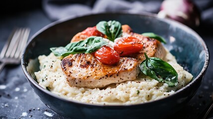 A delicious dish featuring grilled chicken breast on creamy risotto, garnished with fresh basil and cherry tomatoes, served in a stylish bowl.