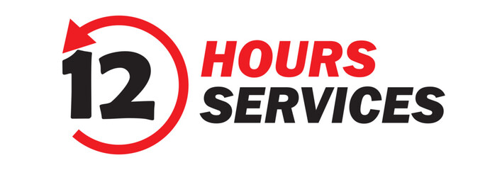 12 hours service vector symbol. 12h service duration sign. 12 h discount offer icon set. Fast 12hr support sign collection. Vector illustration.