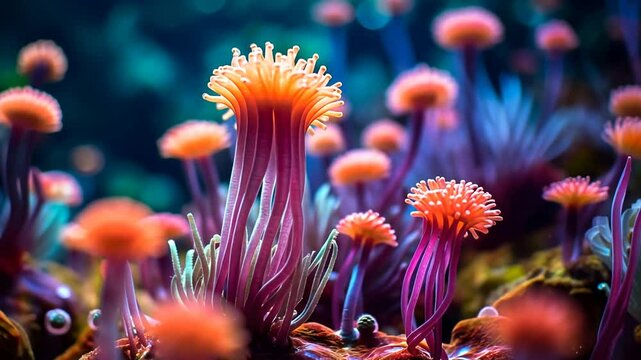 Bunte fluoreszierende Korallen wachsen in dunkler Umgebung