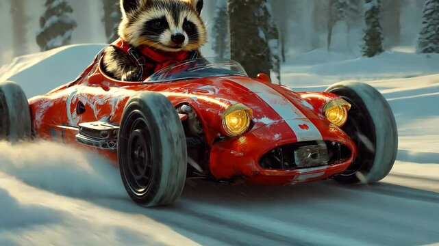 Waschb&auml;r f&auml;hrt ein Rennwagen in voller Geschwindigkeit