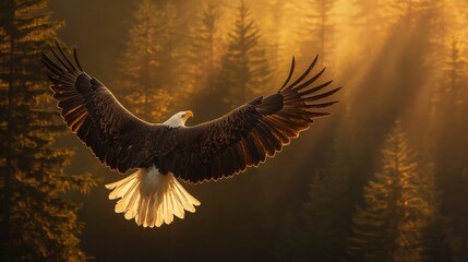 Fototapeta premium A majestic bald eagle soaring high above the forest, its wings spread wide as the pristine golden sunset light bathes everything in an ethereal glow. 