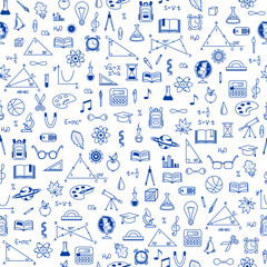 Back to school seamless pattern with school supplies. Education, science concept background
