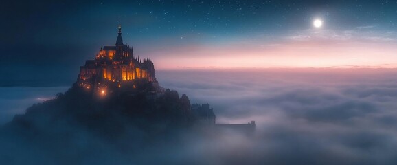Obraz premium Mont Saint-Michel at night shrouded in mist, creating a magical and dreamy atmosphere