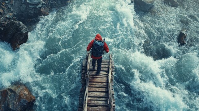 Adventurous hiker crossing precarious bridge over a turbulent river rapids